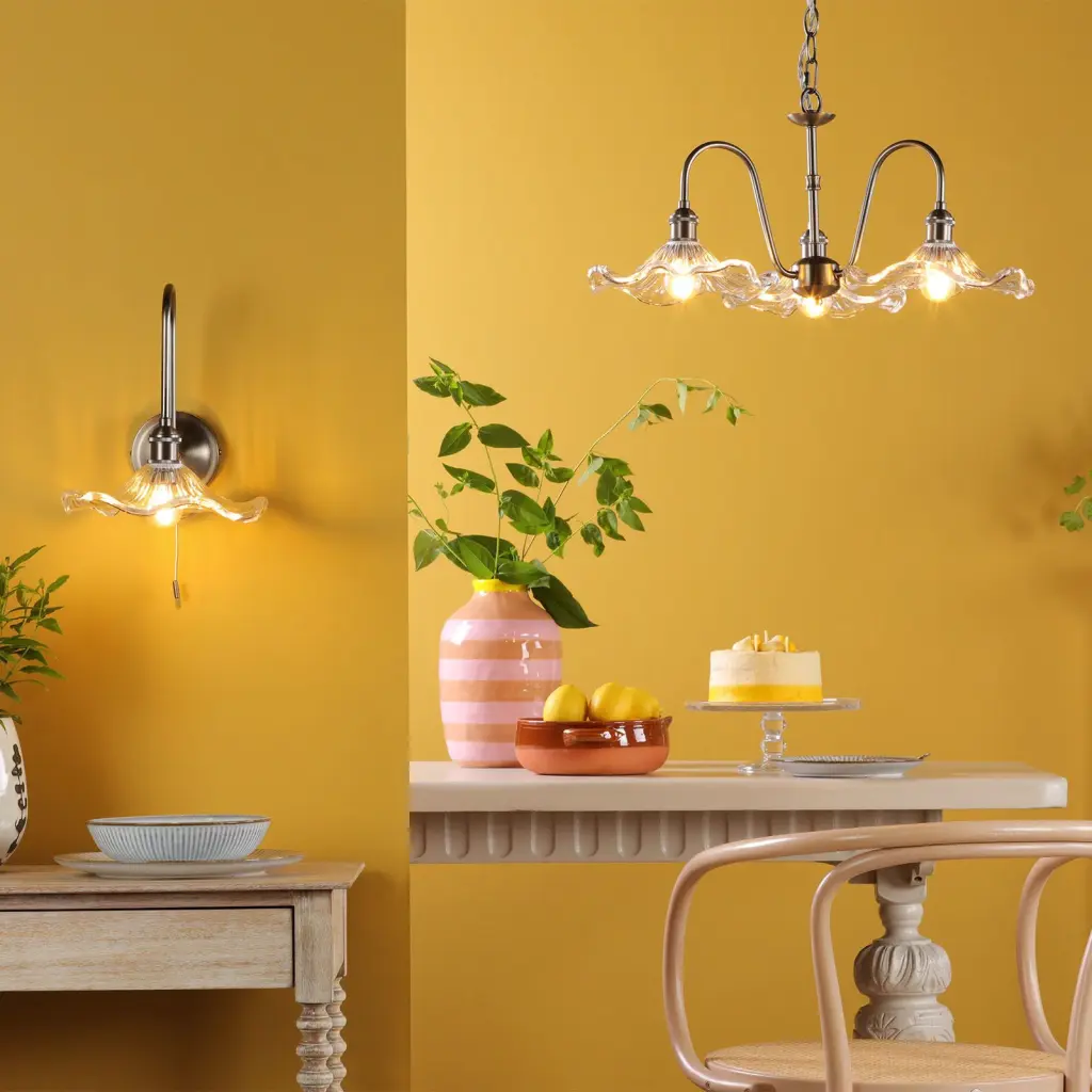 Hadano Antique Chrome Curved Arm Wall Light with Wavy Glass Shade