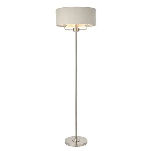 Highclere 3 Light Floor Lamp in Brushed Chrome C/W Natural Shade