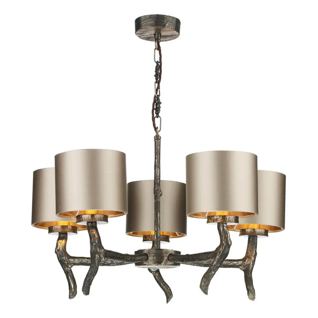 Joshua 5 Light Dual Mount Pendant in Bronze C/W Bespoke Silk Shades