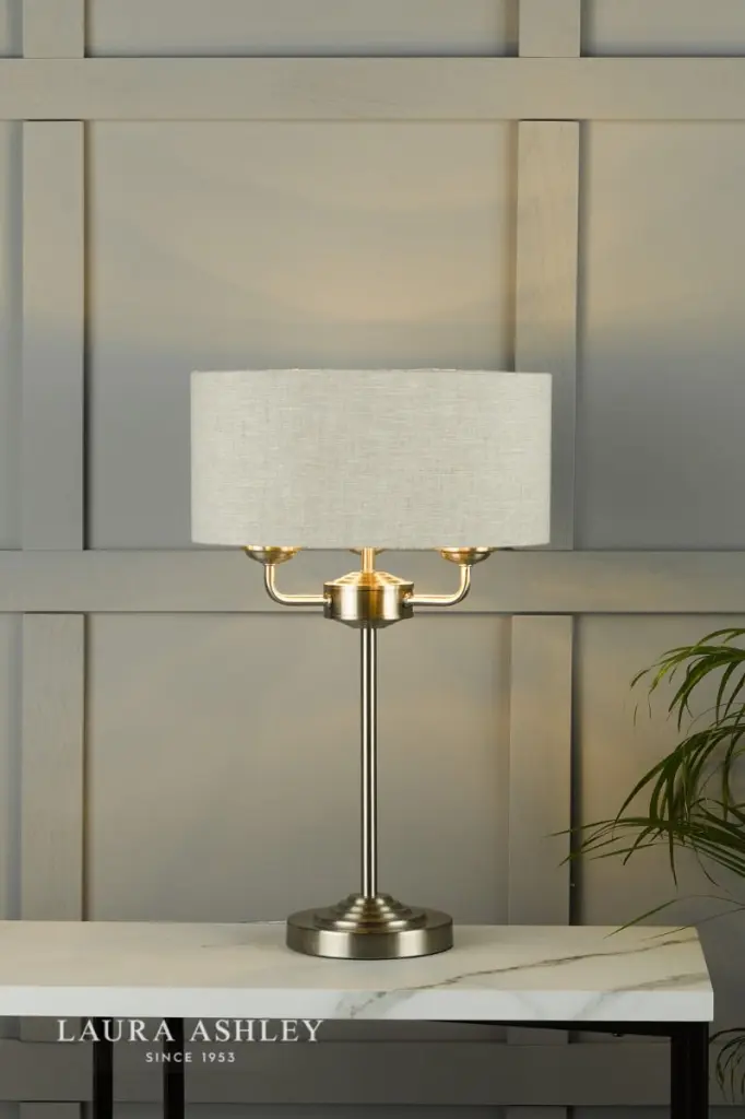Sorrento 3 Light Table Lamp Satin Nickel With Natural Shade