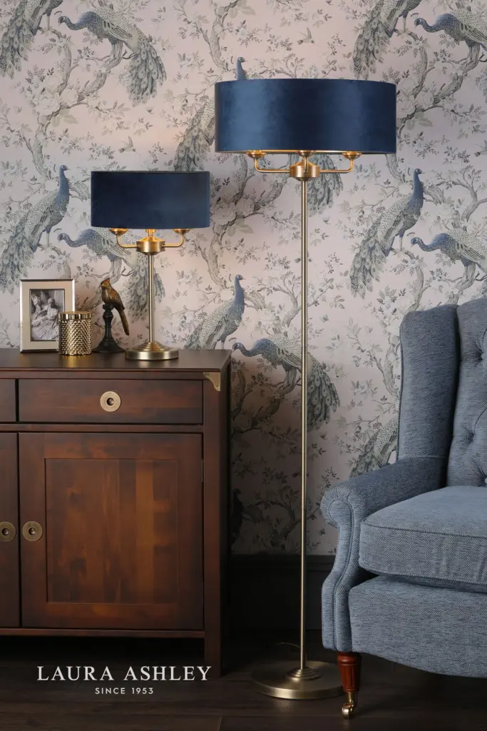 Sorrento 3 Light Table Lamp Antique Brass & Blue Shade