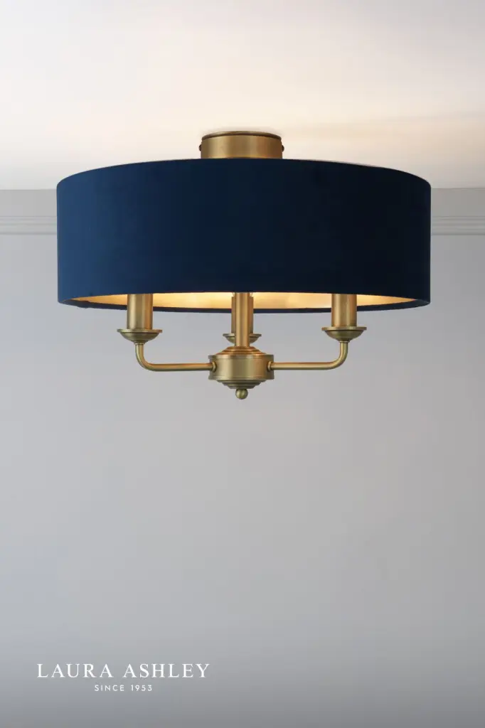 Sorrento Antique Brass Semi Flush Light C/W Blue Shade