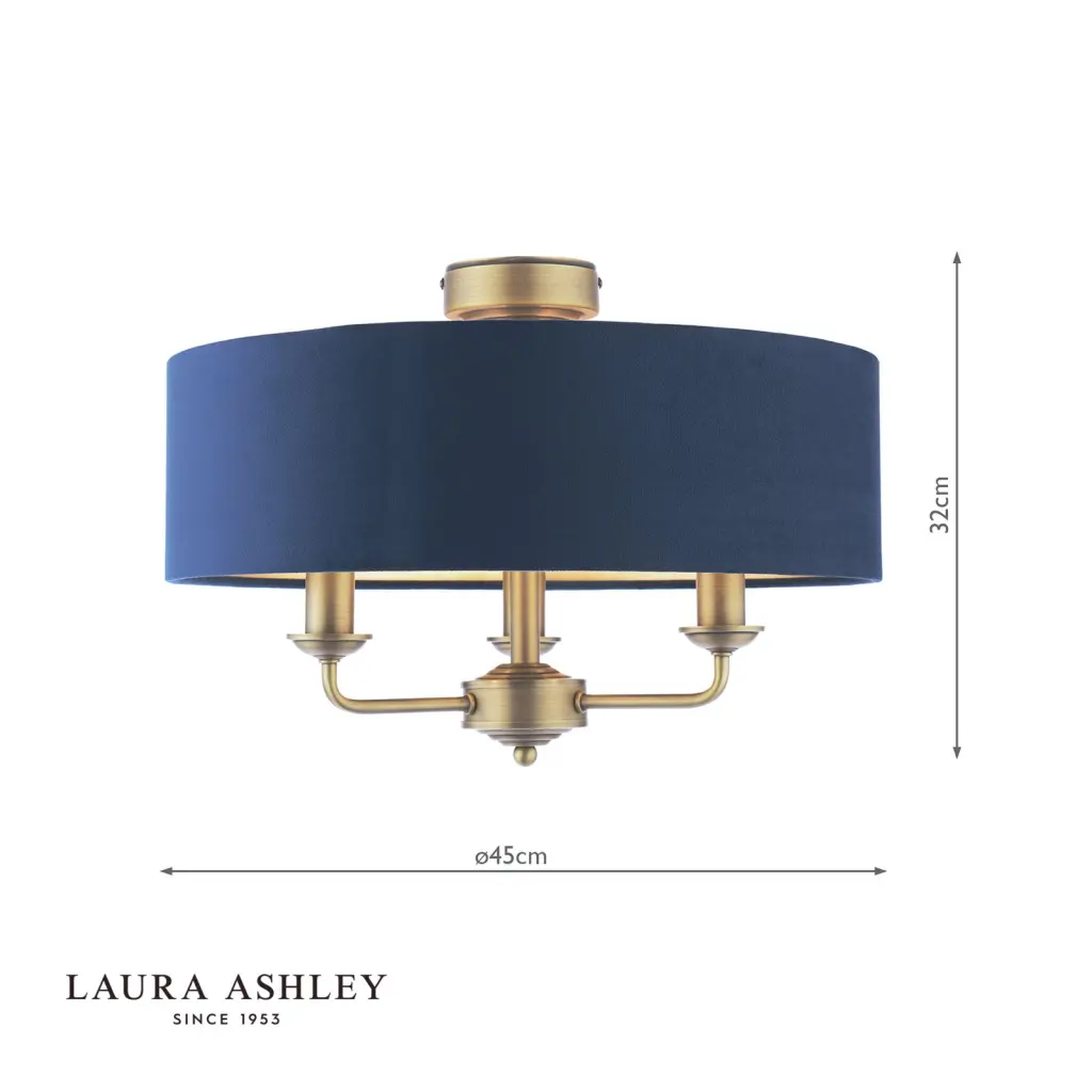 Sorrento Antique Brass Semi Flush Light C/W Blue Shade