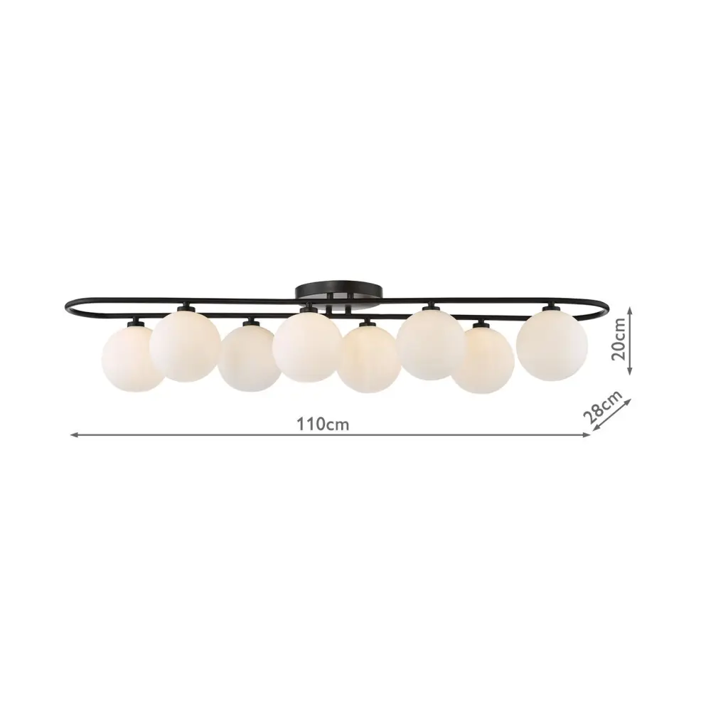 Luana 8 Light Semi Flush Fitting in Matt Black & Opal Glass