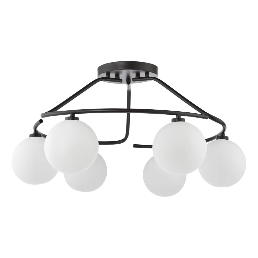 Luana 6 Light Semi Flush Fitting in Matt Black & Opal Glass