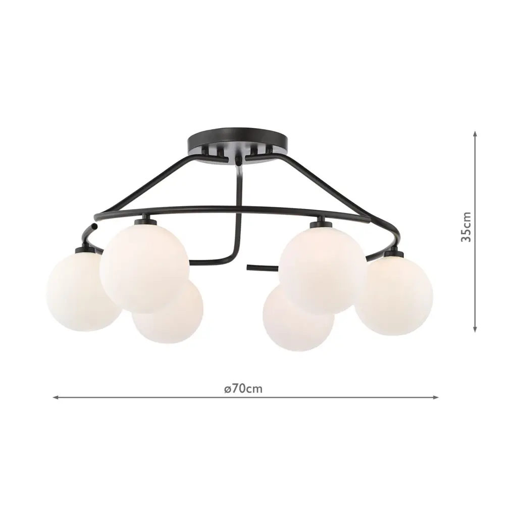 Luana 6 Light Semi Flush Fitting in Matt Black & Opal Glass