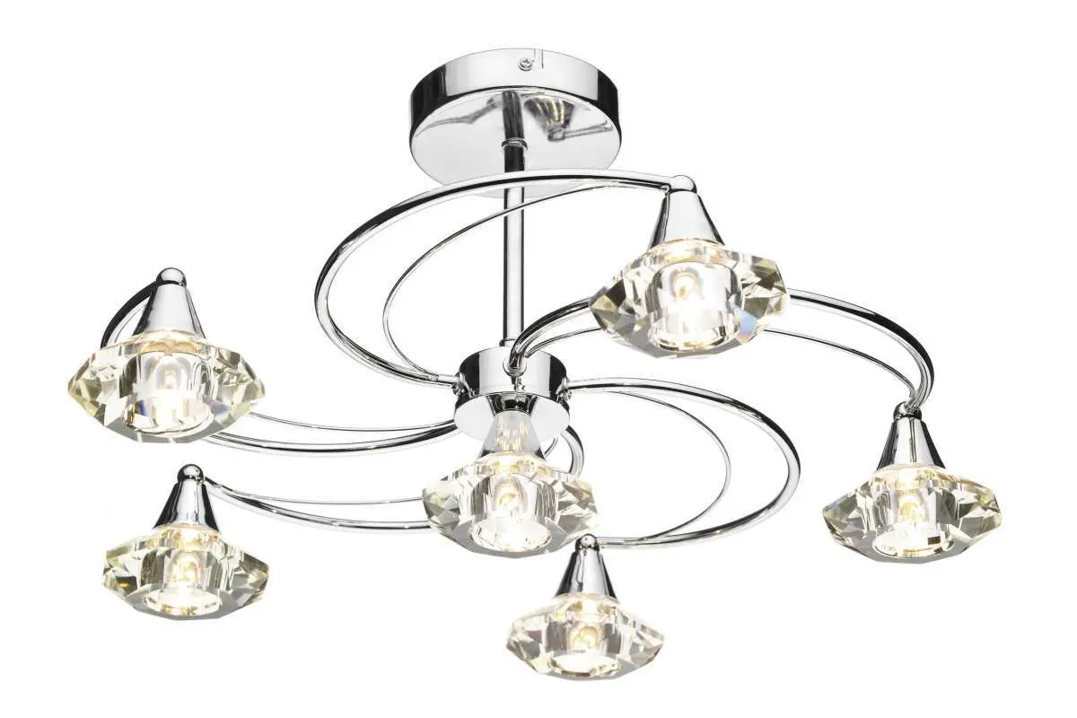 Luther 6 Light Polished Chrome Semi Flush Complete with Crystal Glass