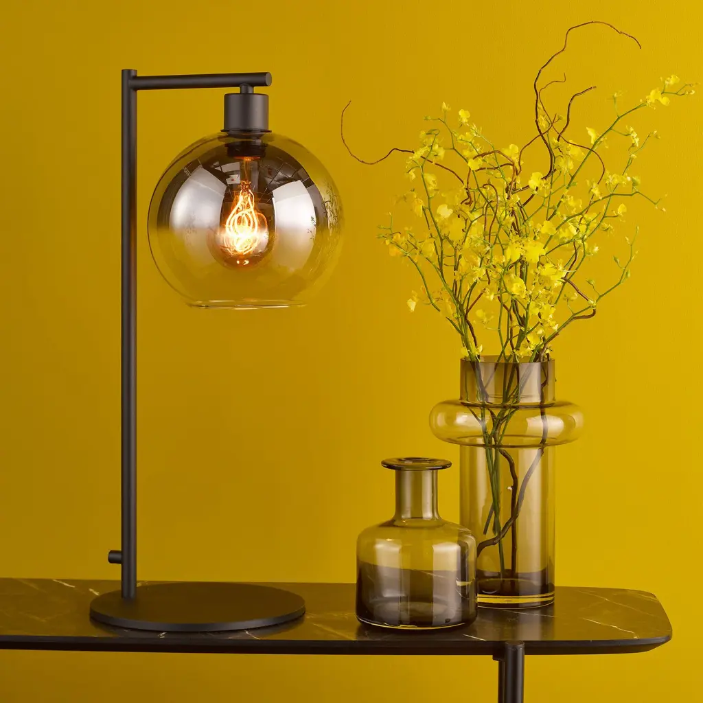 Lycia Matt Black Table Lamp C/W Smoked Ombre Glass