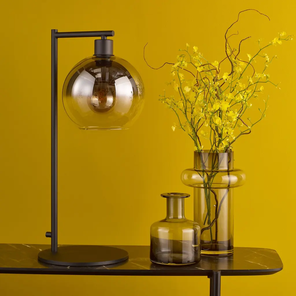 Lycia Matt Black Table Lamp C/W Smoked Ombre Glass
