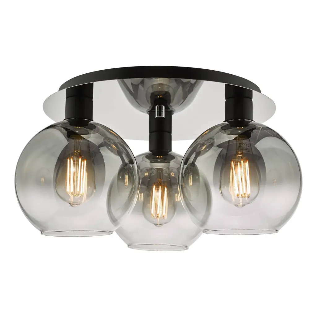 Lycia 3 Light Flush Fitting in Matt Black & Smoked Ombre Glass