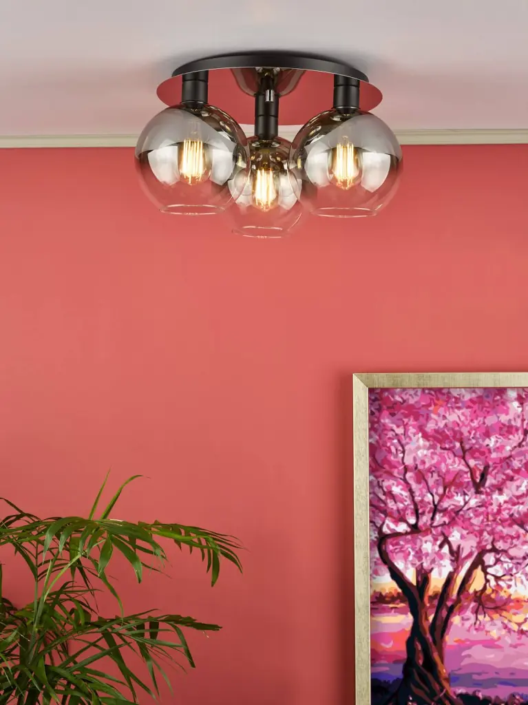 Lycia 3 Light Flush Fitting in Matt Black & Smoked Ombre Glass