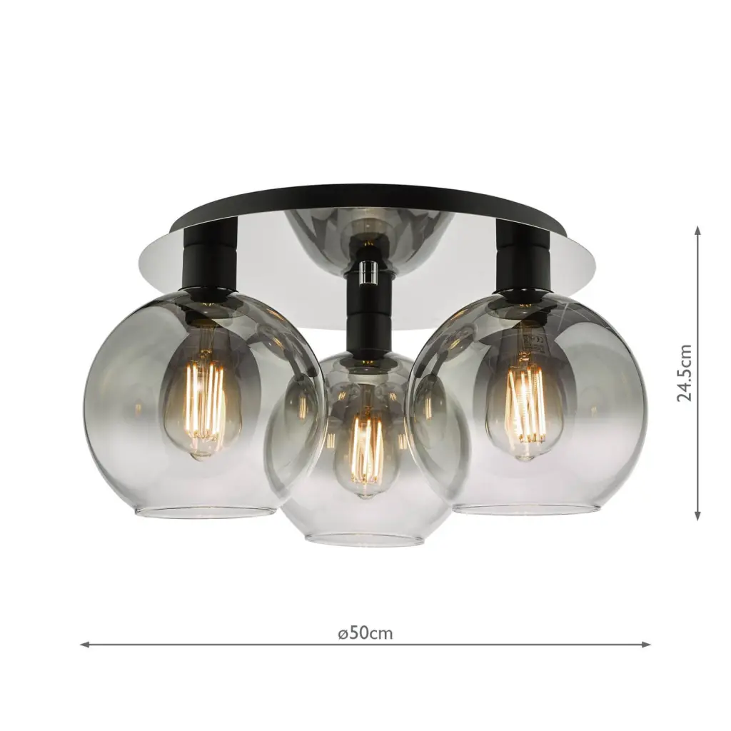 Lycia 3 Light Flush Fitting in Matt Black & Smoked Ombre Glass