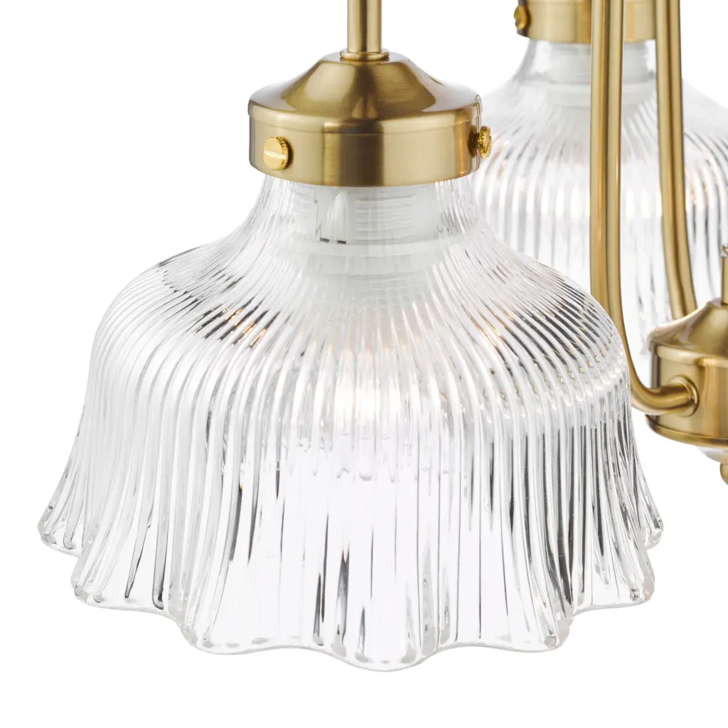 Maude 3 Light Natural Brass & Ribbed Glass Pendant