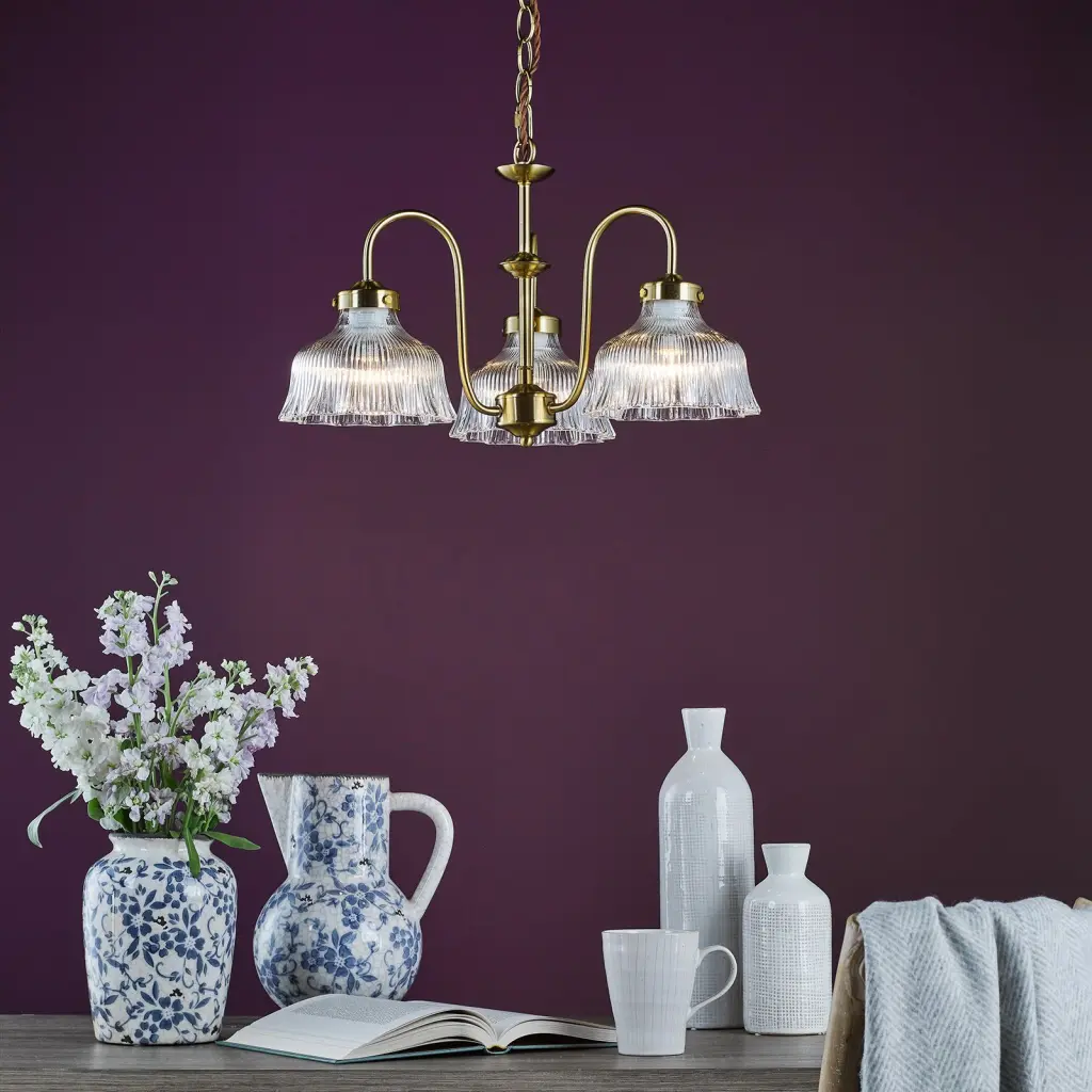 Maude 3 Light Natural Brass & Ribbed Glass Pendant