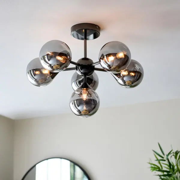 Oscar 6 Light Black Semi Flush with Smoked Glass