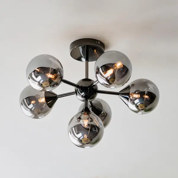 Oscar 6 Light Black Semi Flush with Smoked Glass