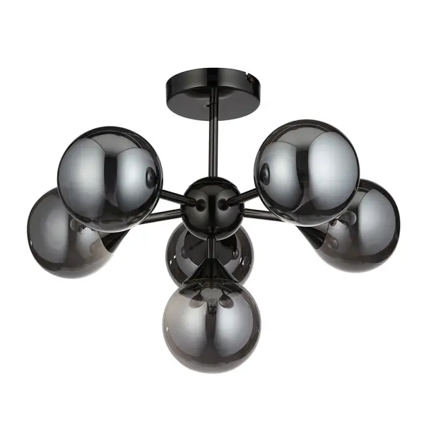 Oscar 6 Light Black Semi Flush with Smoked Glass