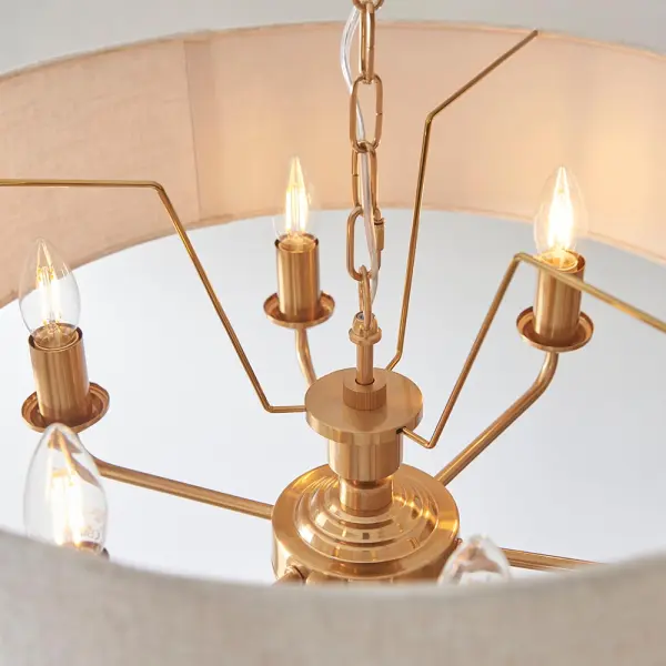 Highclere 6 Light Drum Pendant in Brass C/W Natural Shade