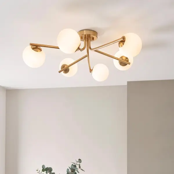 Aaron 6 Light Semi Flush Brass Fitting with Opal Shades
