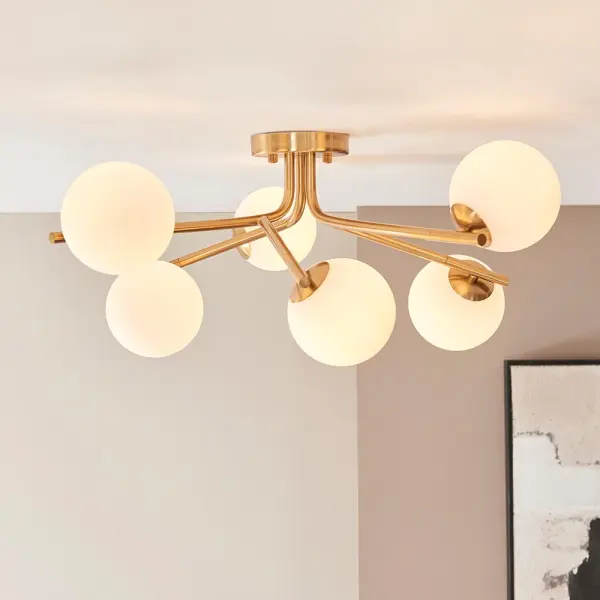 Aaron 6 Light Semi Flush Brass Fitting with Opal Shades