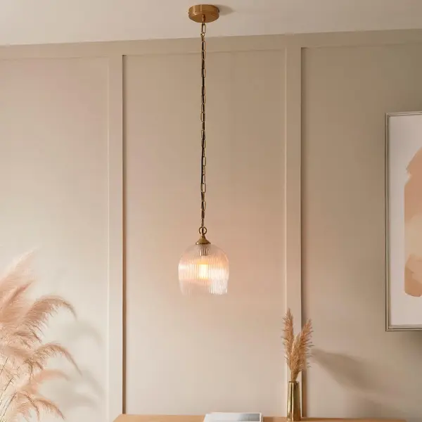 Ashcroft Single Brass Pendant with Ribbed Glass Shade