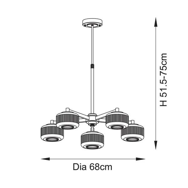 Stamford 5 Light Brass Pendant C/W Ribbed Shades