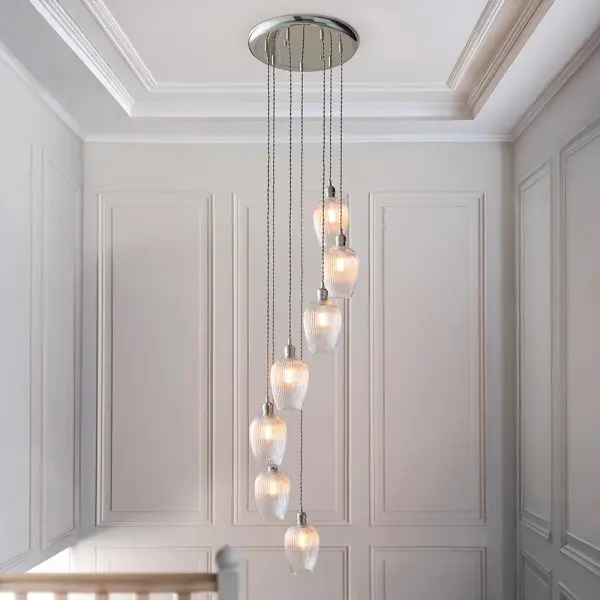 Millie Polished Nickel 7 Light Pendant with Ribbed Glass Shades