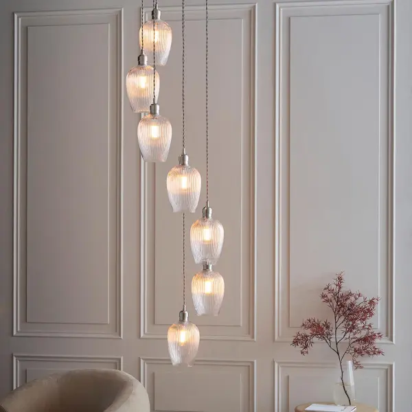 Millie Polished Nickel 7 Light Pendant with Ribbed Glass Shades