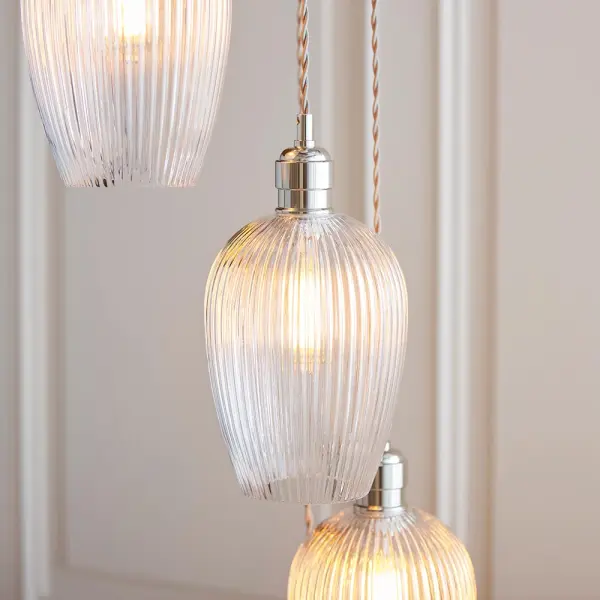 Millie Polished Nickel 7 Light Pendant with Ribbed Glass Shades