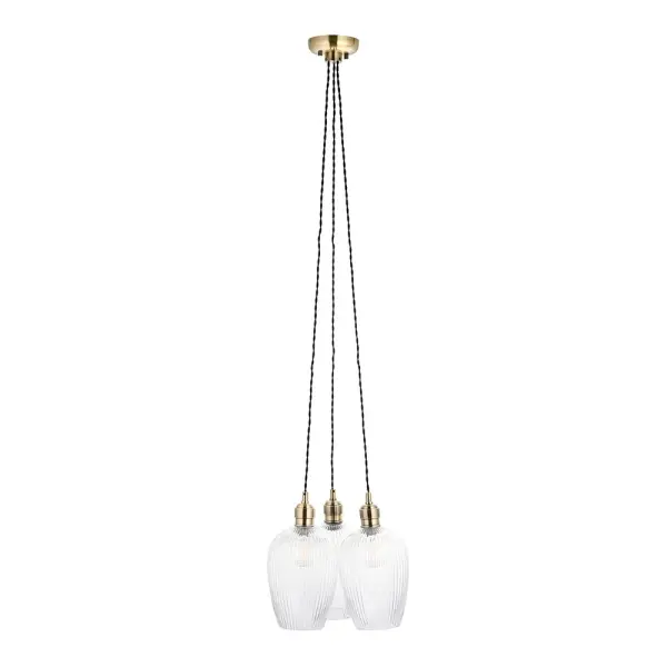 Mia Antique Brass 3 Light Cluster Pendant with Ribbed Glass Shades