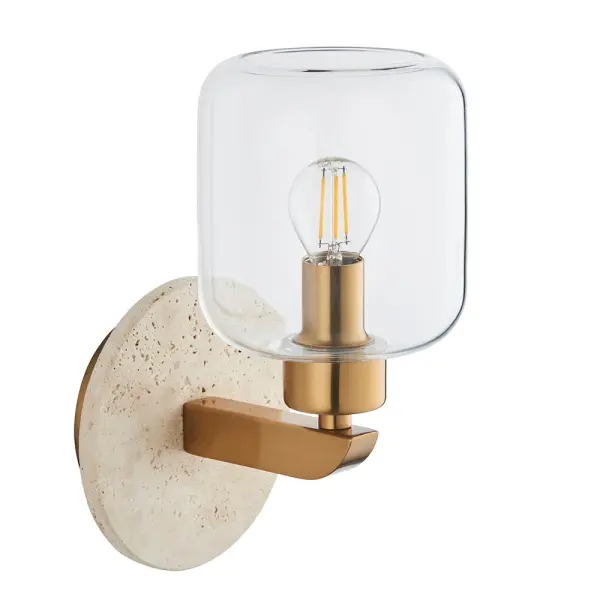 Travi Natural Travertime Stone Wall Light C/W Clear Glass Shade