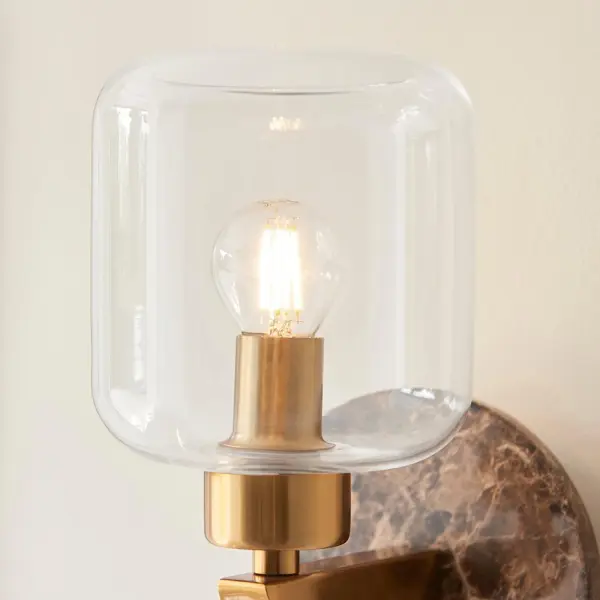 Travi Dark Brown Emperador Marble Wall Light C/W Clear Glass Shade
