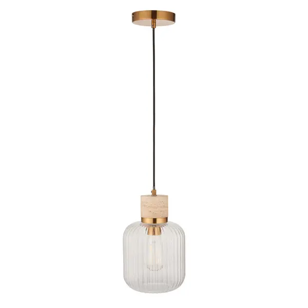 Travi Natural Travertime Stone Pendant C/W Ribbed Glass