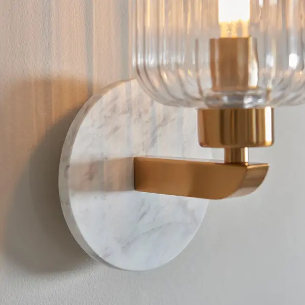 Travi White Volaskas Marble Wall Light C/W Ribbed Glass Shade