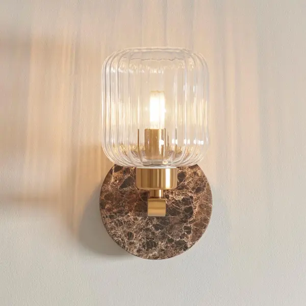 Travi Dark Brown Emperador Marble Wall Light C/W Ribbed Glass Shade
