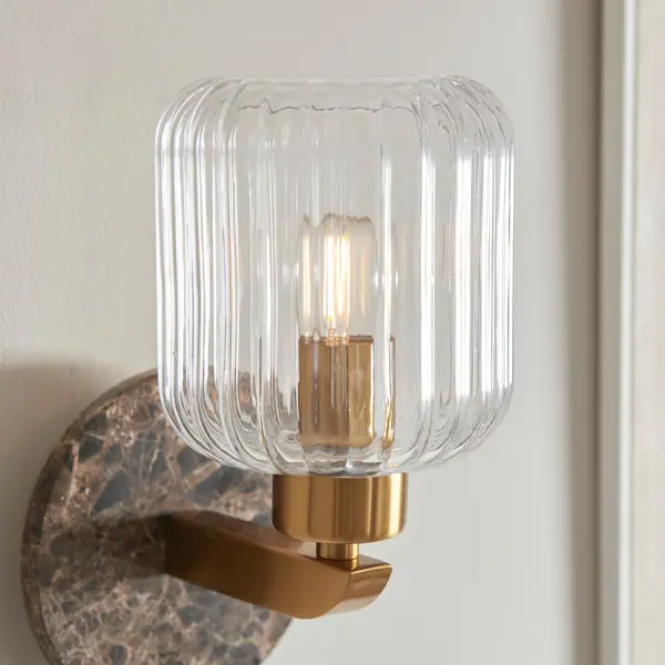 Travi Dark Brown Emperador Marble Wall Light C/W Ribbed Glass Shade