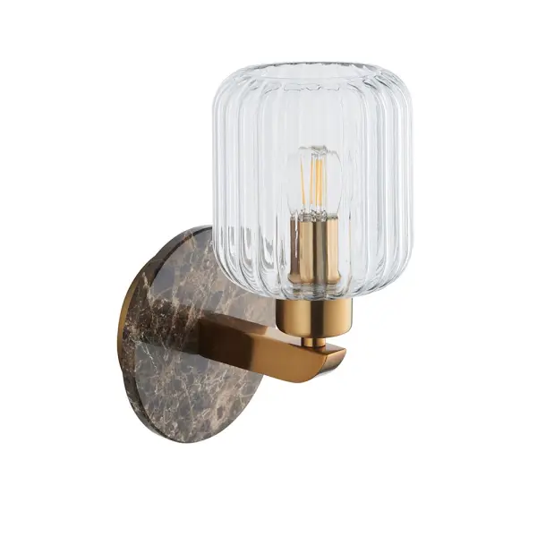 Travi Dark Brown Emperador Marble Wall Light C/W Ribbed Glass Shade