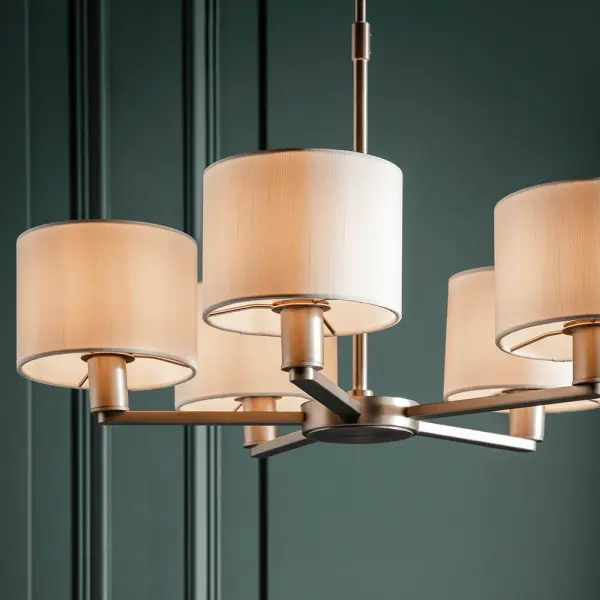 Daley 5 Light Multi Arm Pendant in Nickel C/W White Shades