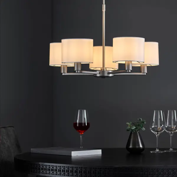 Daley 5 Light Multi Arm Pendant in Nickel C/W White Shades