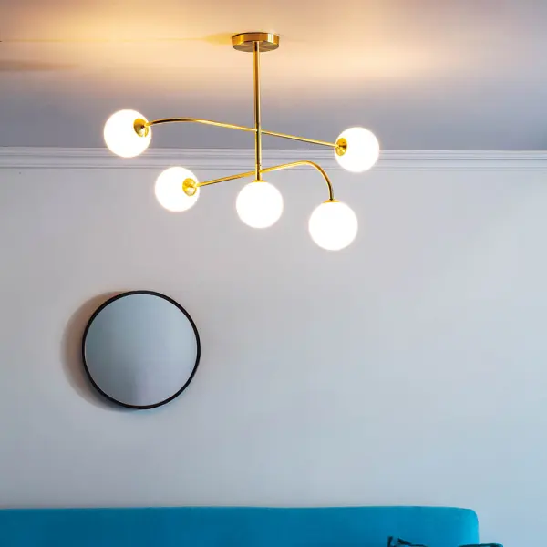 Otto 5 Light Semi Flush in Brushed Brass with Gloss White Glass