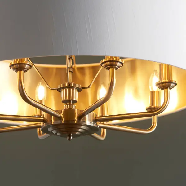 Highclere 8 Light Drum Pendant Antique Brass C/W White Shade