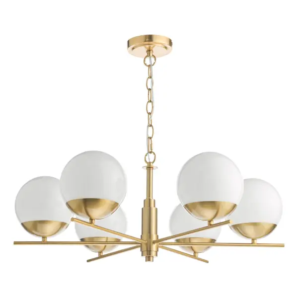 Bombazine 6 Light Pendant in Natural Brass C/W Opal Shades