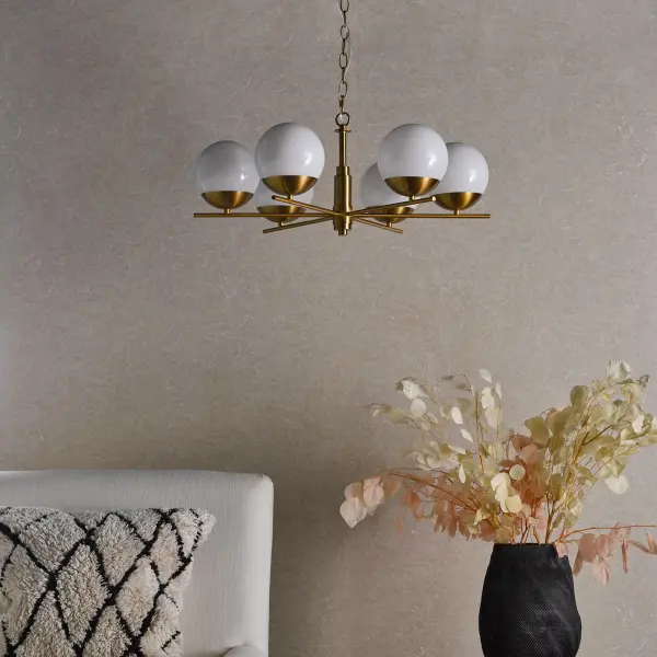 Bombazine 6 Light Pendant in Natural Brass C/W Opal Shades
