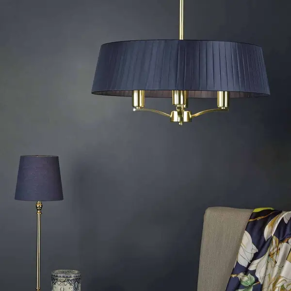 Dar Lighting Cri0423 Cristin 4lt Pendant Satin Brass Cw Navy Ribbon Shade Online Lighting