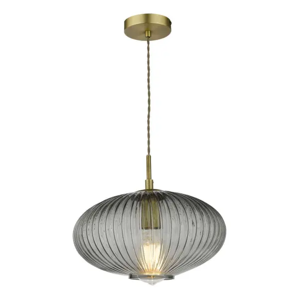 Edmond Single Pendant in Antique Brass & Smoked Ribbed Glass