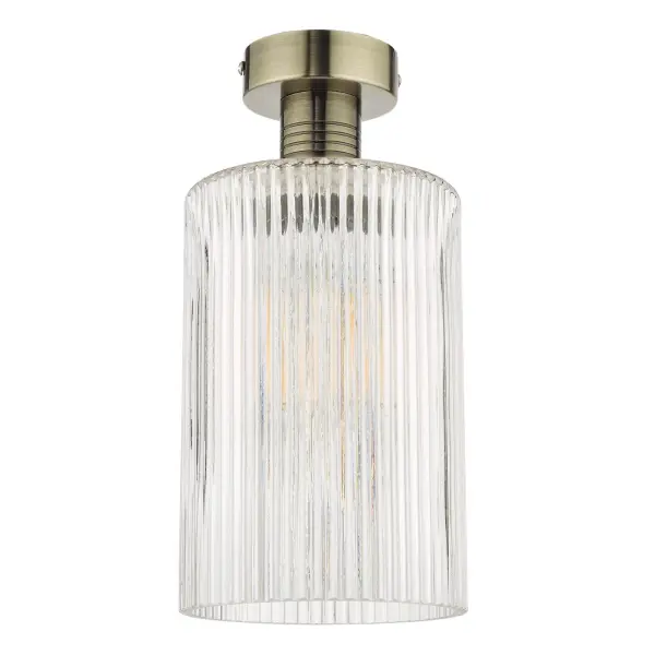 Emerson Antique Brass Semi Flush with Cylinder Ribbed Glass