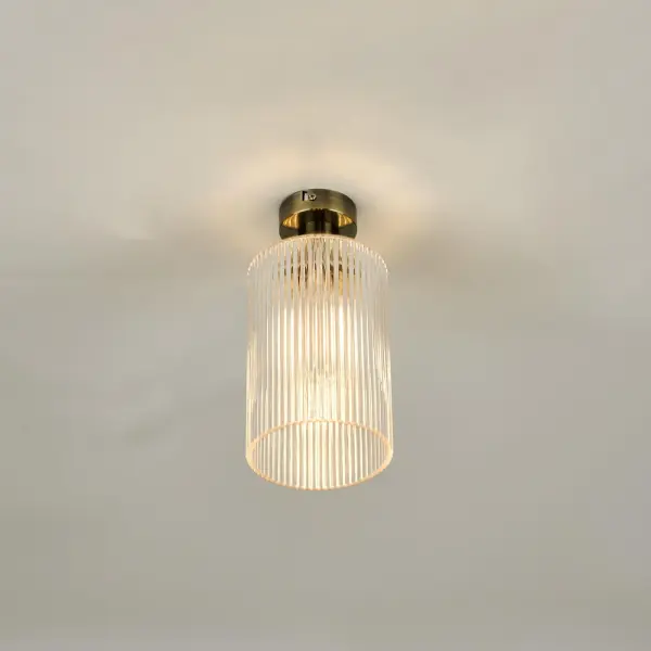 Emerson Antique Brass Semi Flush with Cylinder Ribbed Glass