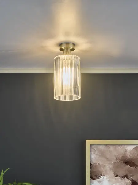 Emerson Antique Brass Semi Flush with Cylinder Ribbed Glass