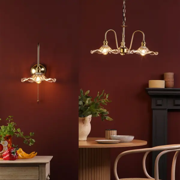 Hadano Brass Curved Arm Wall Light with Wavy Glass Shade