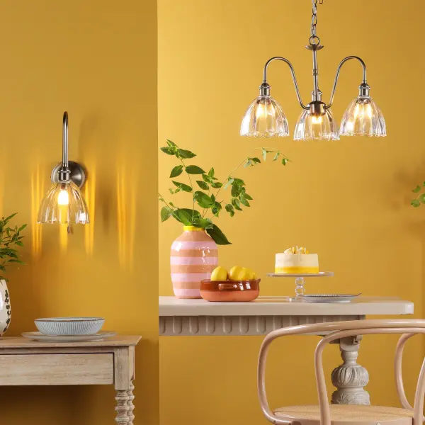 Hadano Antique Chrome Curved Arm Wall Light with Scalloped Bell Glass Shade